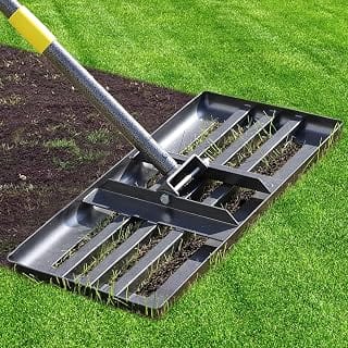 Compact 17 by 10 inch stainless steel lawn levelling rake with adjustable handle
