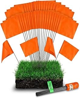 Fluorescent orange yard marking flags on wire stakes, 50 pack