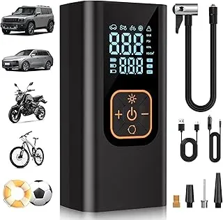 QKMPOM 180 PSI portable tire inflator with digital gauge, LED light, and 12V adapter