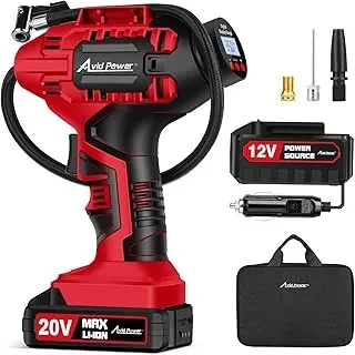 AVID POWER cordless tire inflator with digital gauge, battery, and 12V DC adapter