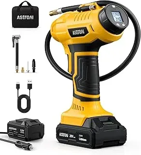 AstroAI yellow cordless tire inflator with digital gauge and rechargeable 20V battery