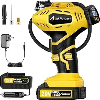 AVID POWER cordless tire inflator with digital gauge, battery, and car adapter