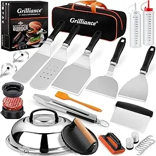 Grilliance 27-piece griddle tool kit with spatulas, burger press, cover, and BBQ accessories