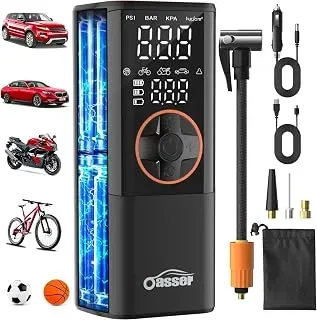 Oasser portable tire inflator with LCD display, LED light, and 150 PSI air compressor