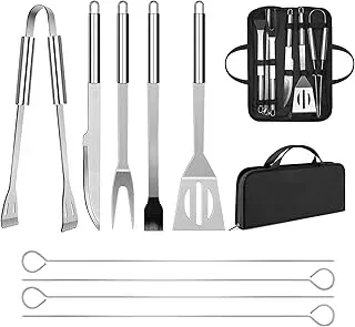 penobon stainless steel BBQ utensil set with multiple grill tools and a portable carrying bag