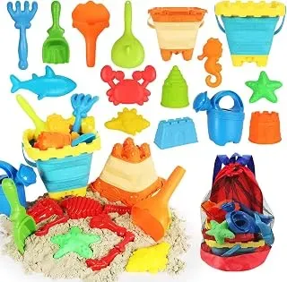 Elovien 24-piece beach sand toy set with buckets, moulds, shovels and mesh backpack