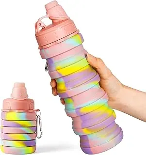 MAKERSLAND pink rainbow collapsible BPA-free silicone water bottle with hook