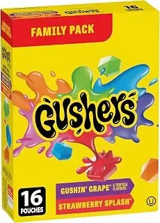 Betty Crocker Gushers family pack with 16 pouches of grape, tropical and strawberry snacks