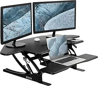VIVO black 43-inch corner height-adjustable standing desk converter with dual monitor riser