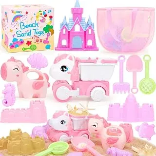 Tagitary unicorn beach sand toy set with castle moulds, sifters, watering can, truck, and mesh bag