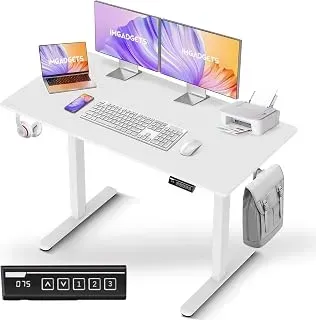 IMGadgets white electric standing desk with height memory buttons and dual headphone holders
