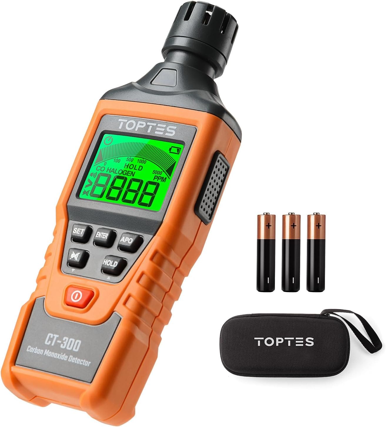 TopTes CT-300 orange portable carbon monoxide detector with backlit LCD screen