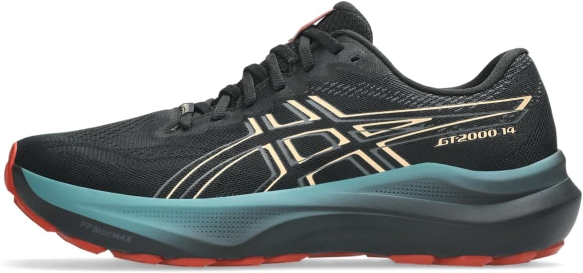 Black ASICS GT-2000 14 GTX men's stability running shoe with teal midsole