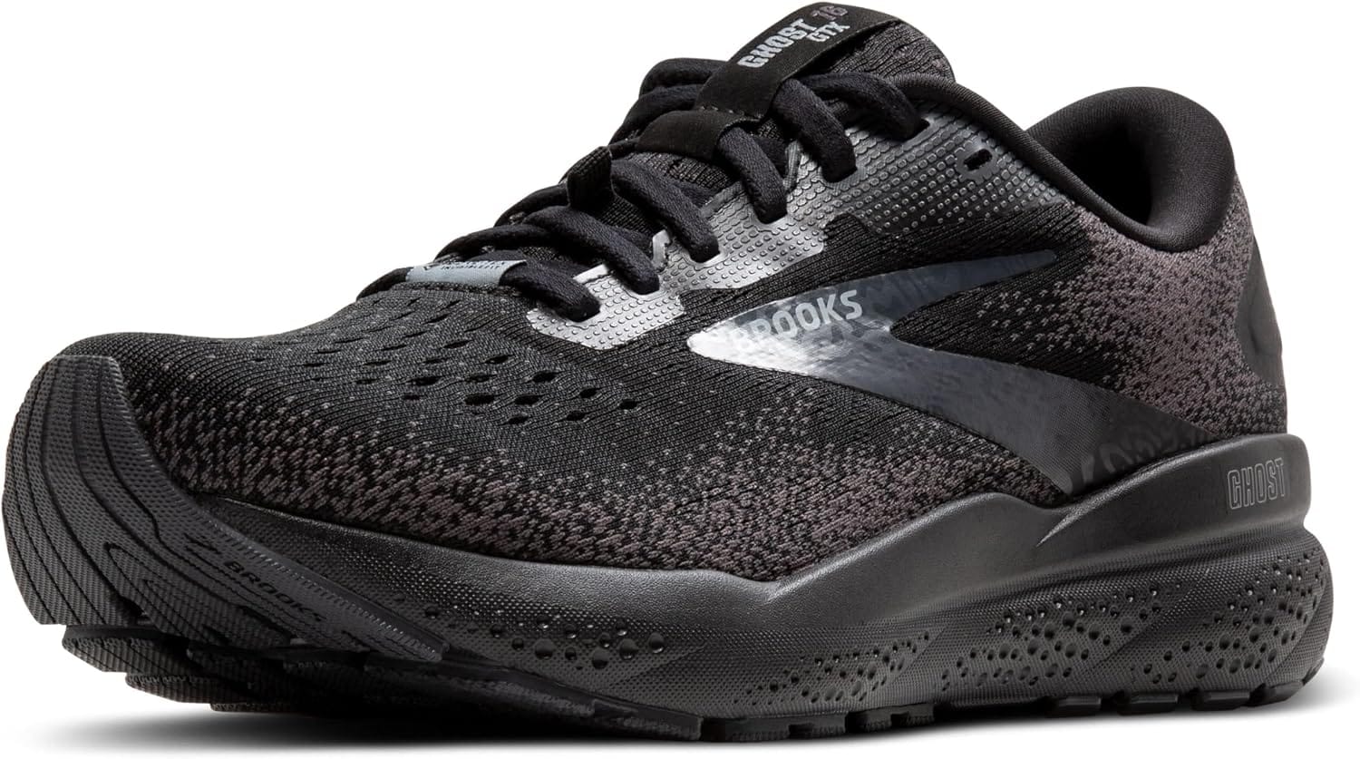 Black Brooks Ghost 16 GTX waterproof road running shoe in side view
