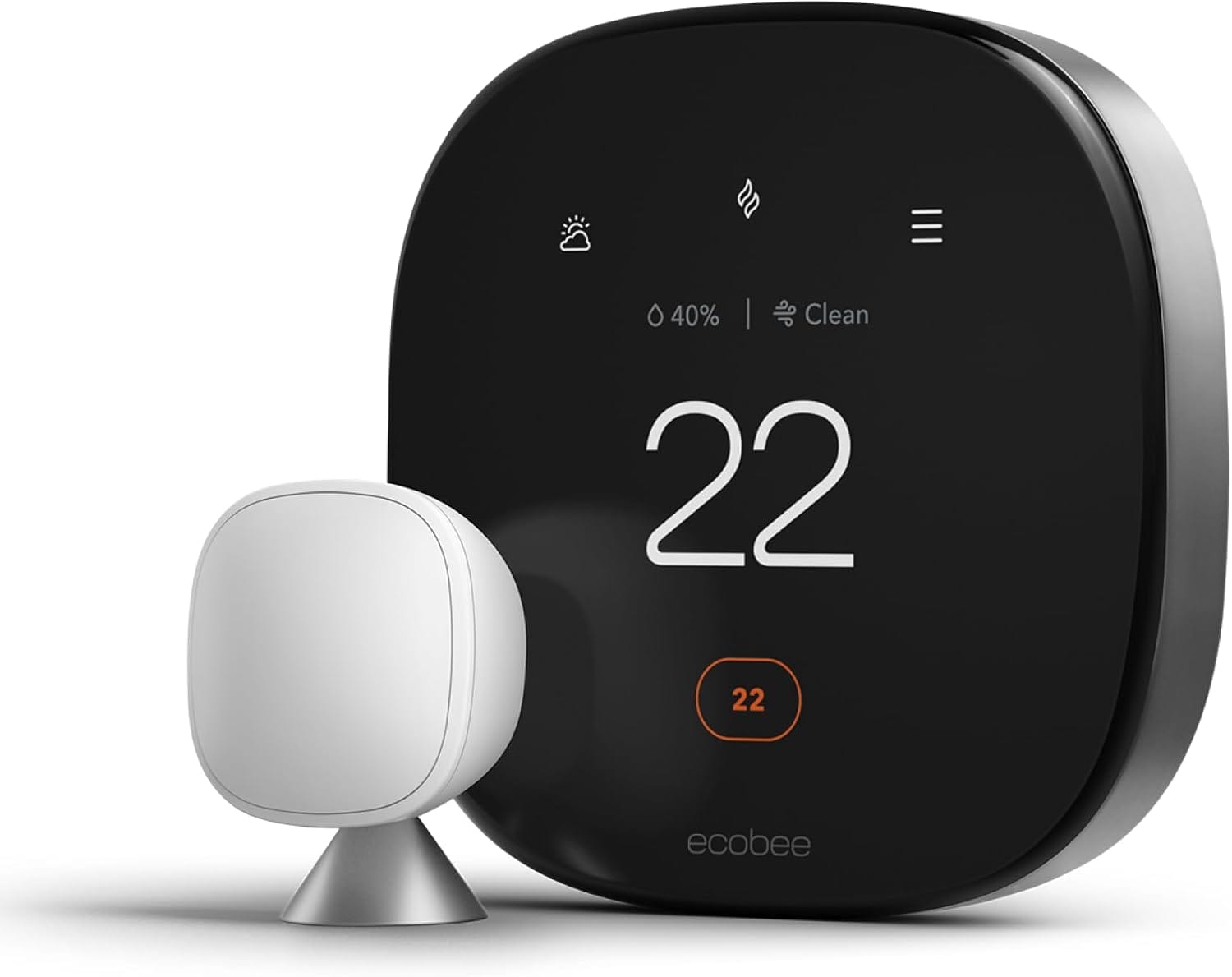 ecobee Smart Thermostat Premium in black with its included white SmartSensor