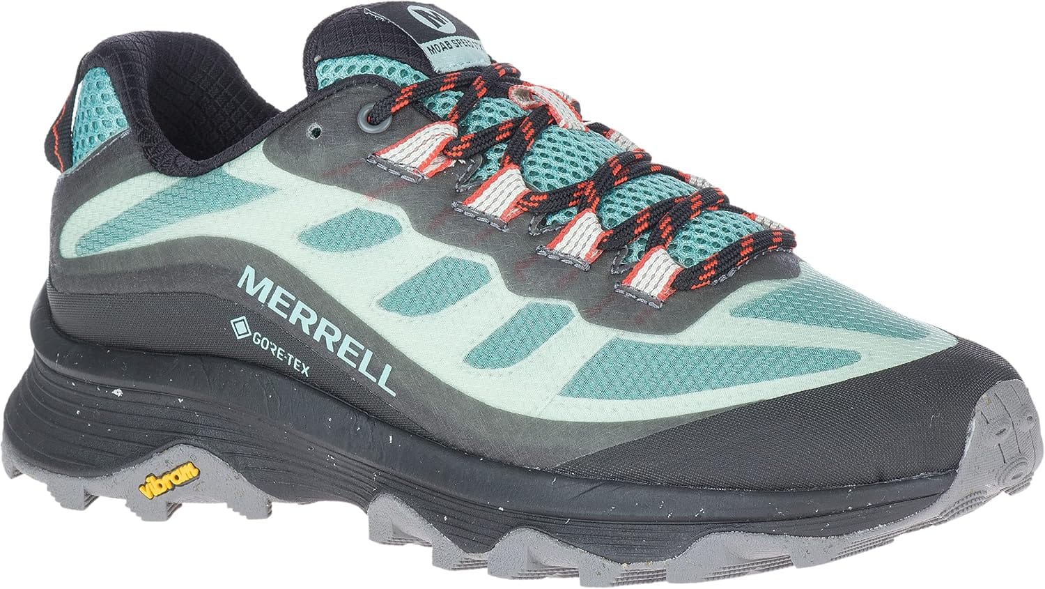Teal and grey Merrell Moab Speed GTX women's trail shoe with Vibram sole