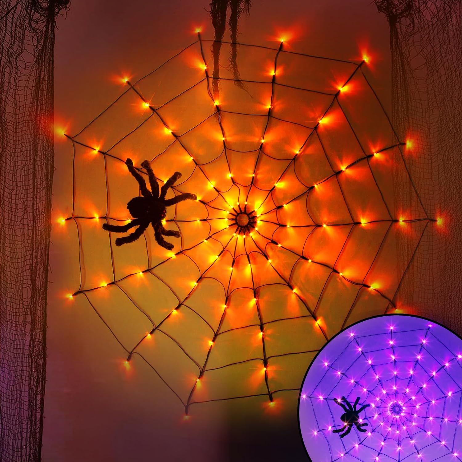 PEIDUO 4-foot lighted Halloween spider web with 84 orange and purple LEDs