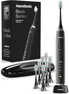 Aquasonic Black Series rechargeable electric toothbrush with eight brush heads and travel case