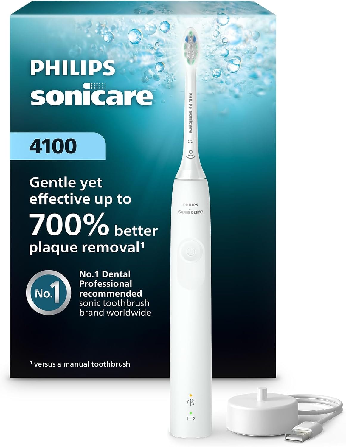 Philips Sonicare 4100 white rechargeable electric toothbrush with USB charging base