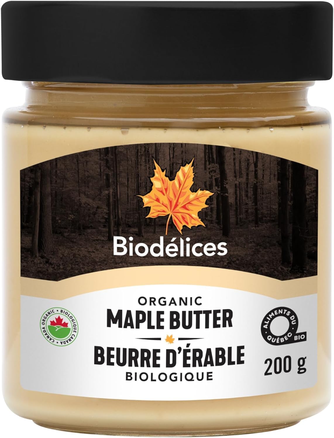 Biodélices organic maple butter in a 250 ml glass jar