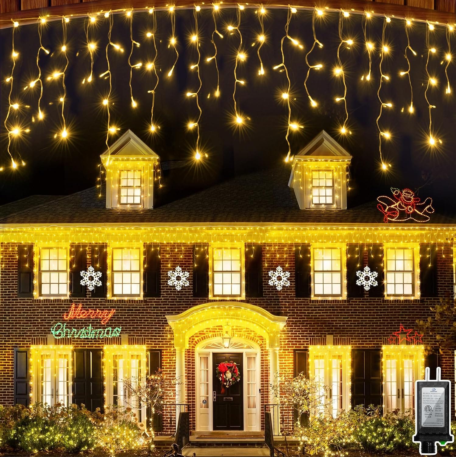 Brick house at night decorated with warm white BPAZVUH icicle lights