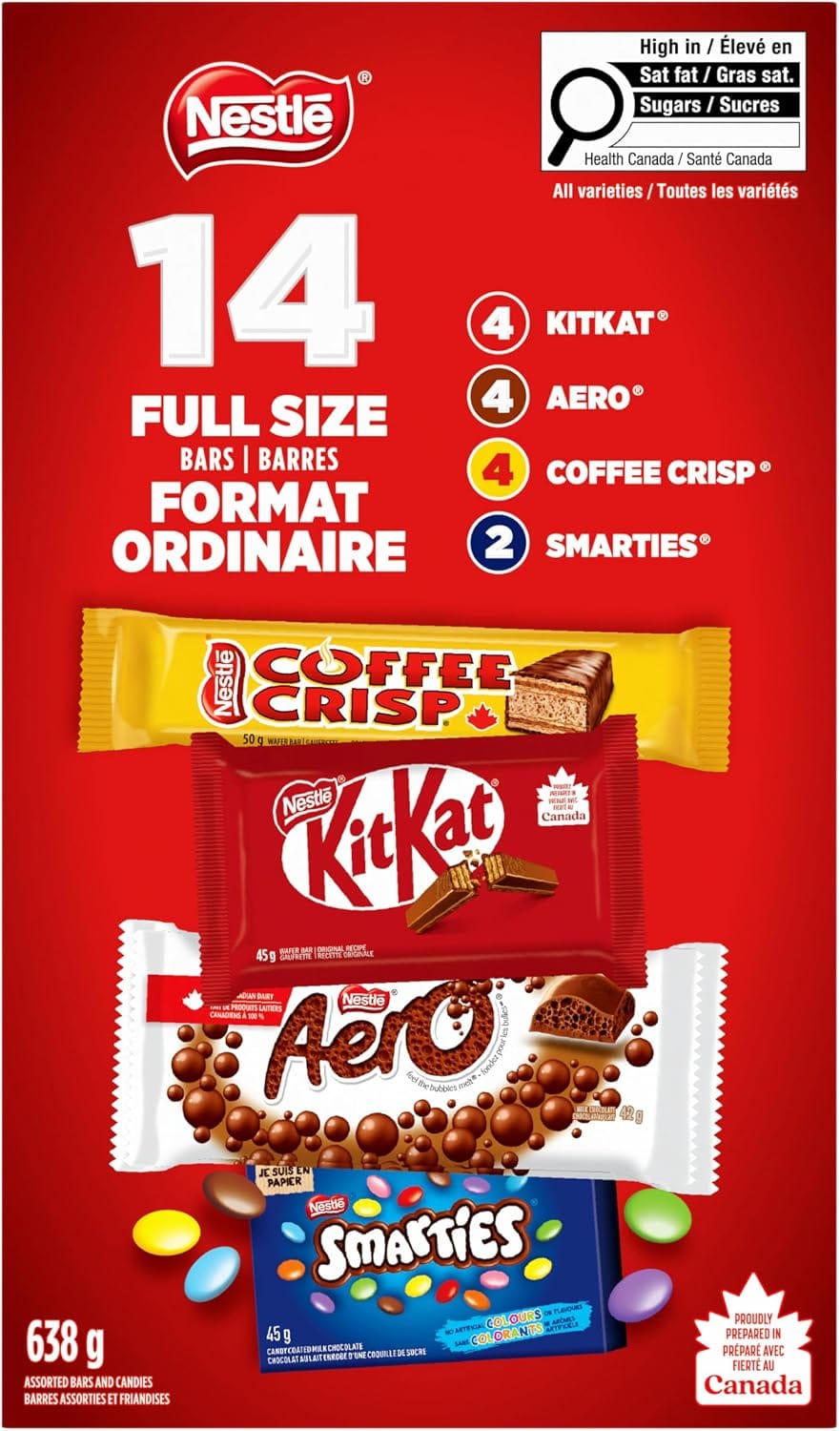 Box of full-size Coffee Crisp, Aero, KitKat bars and Smarties