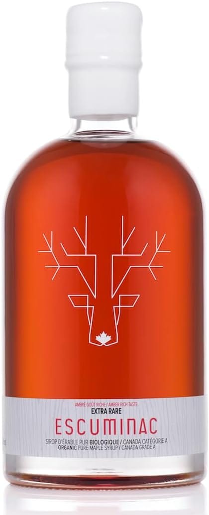Escuminac Extra Rare amber maple syrup in a 500 ml glass bottle