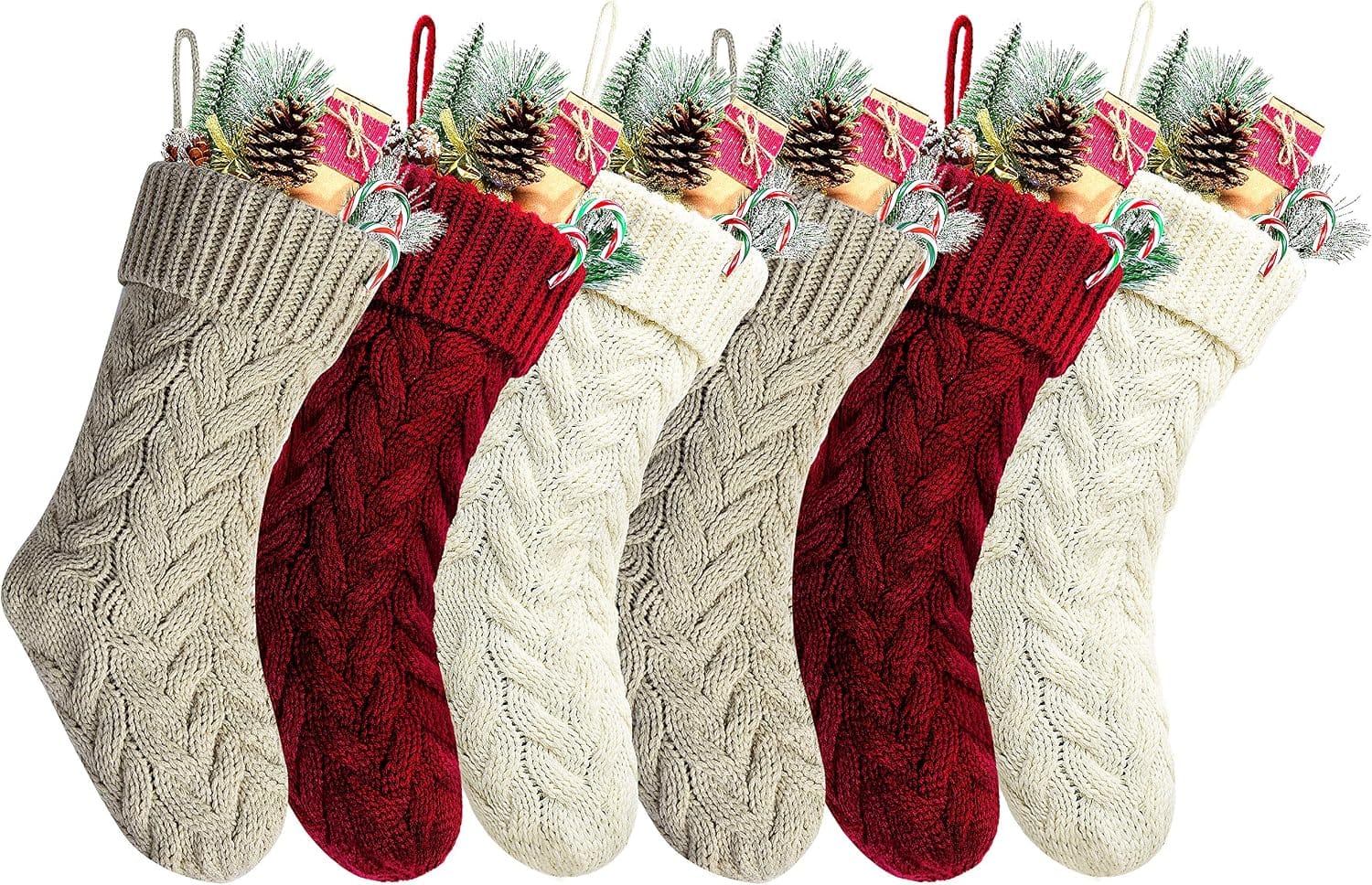Six Kunyida knitted Christmas stockings in burgundy, ivory and khaki