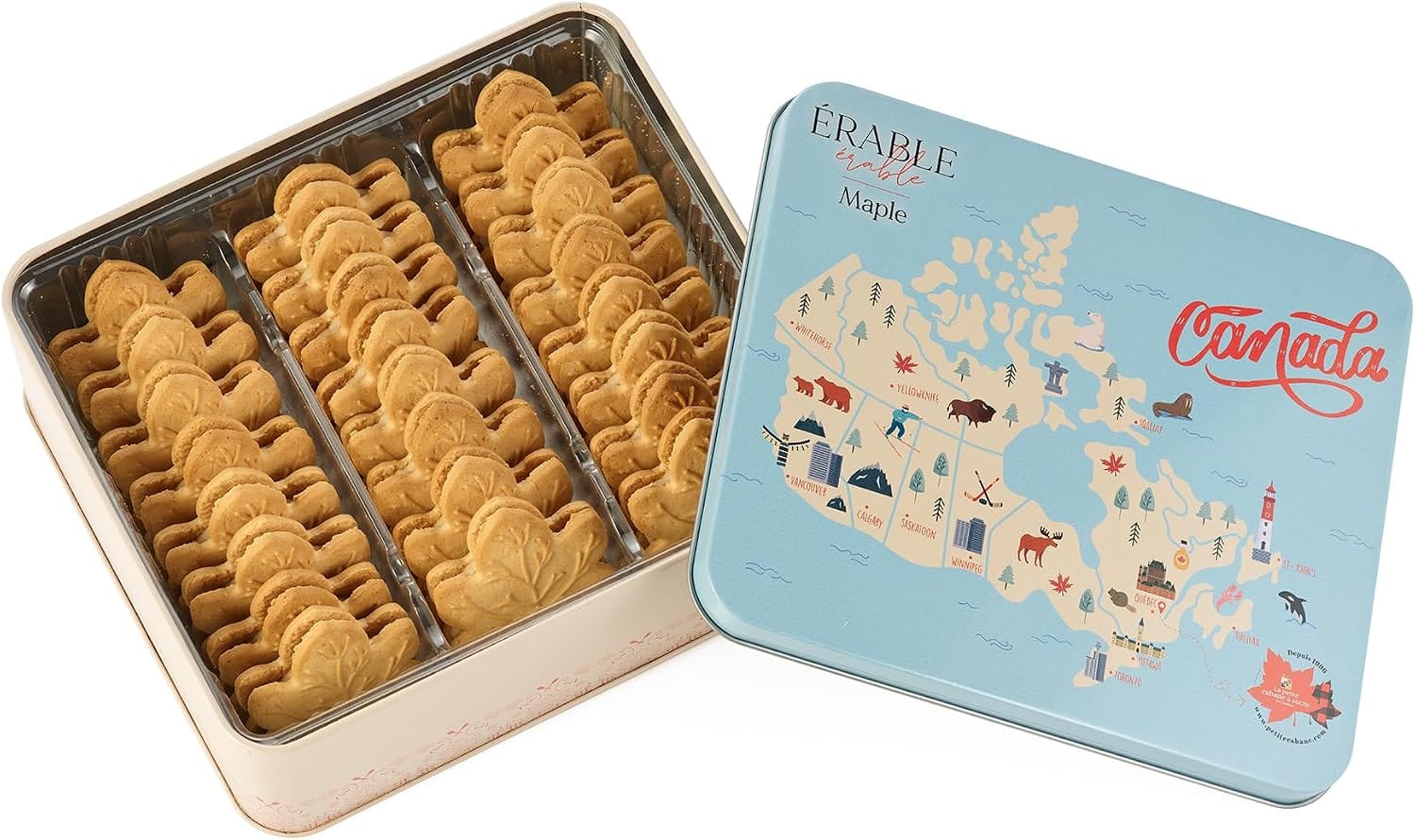 Little Quebec Sugar Shack maple cookies in a vintage-style gift tin