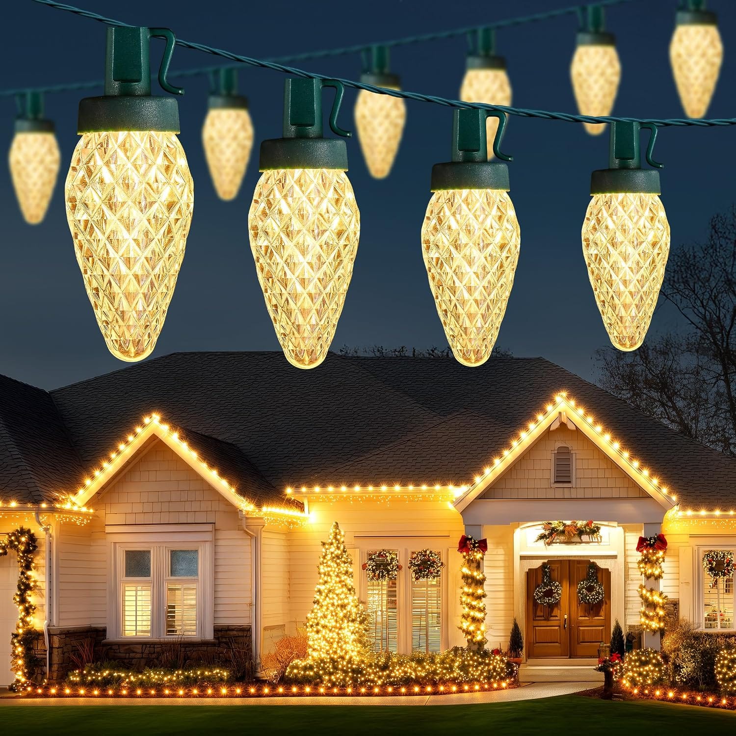 Minetom warm white C9 faceted LED Christmas bulbs on a lit roofline