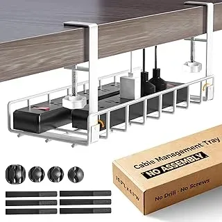 Xpatee white under-desk cable management tray with clamp-on no-drill installation