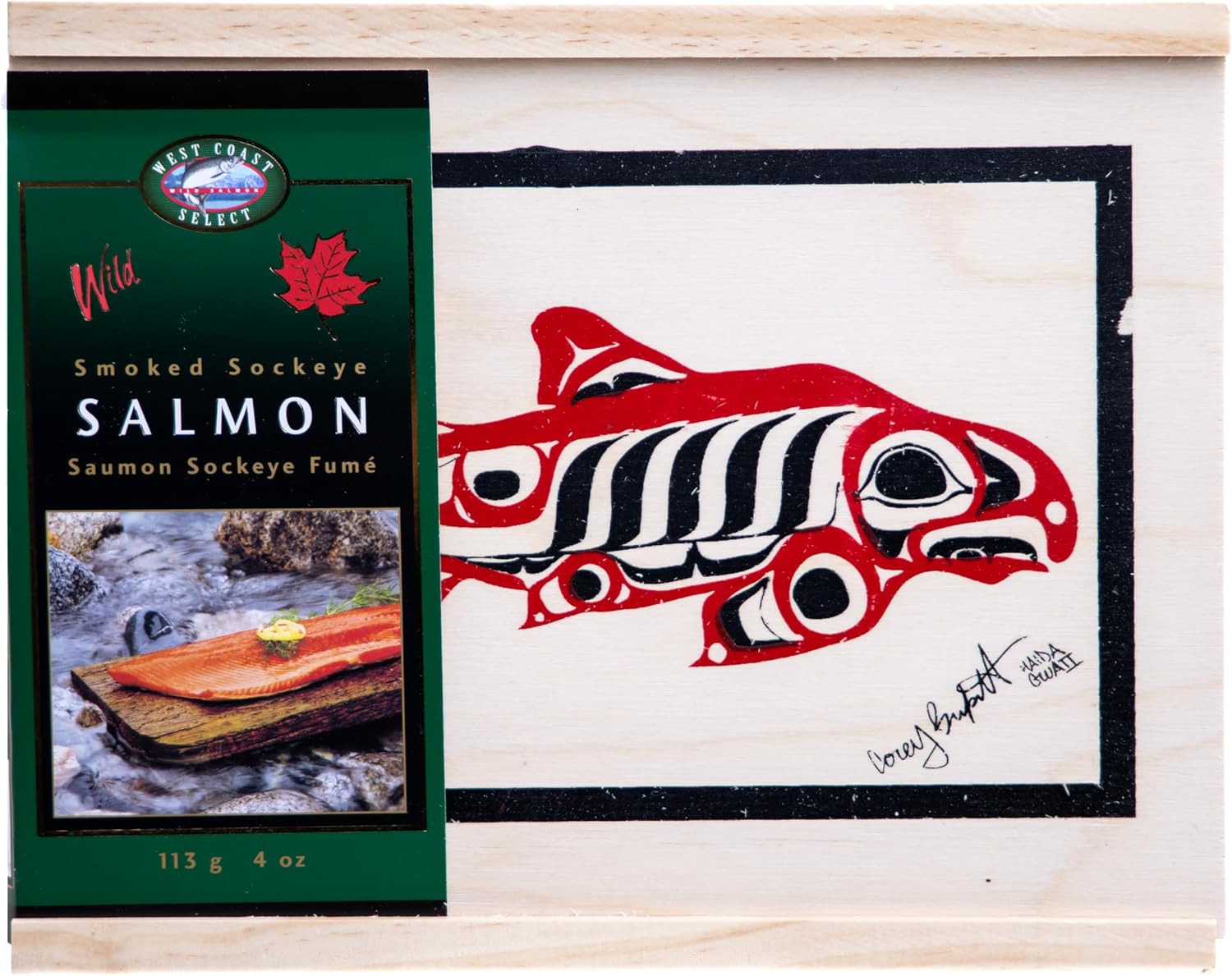 West Coast Select smoked sockeye salmon in a cedar gift box