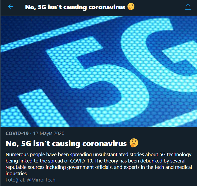 5g teorileri hakkında Twitter açıklaması
