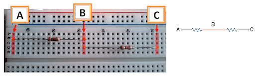 breadboard'da dirençlerle oluşturulmuş seri devre elemanı bağlantısı