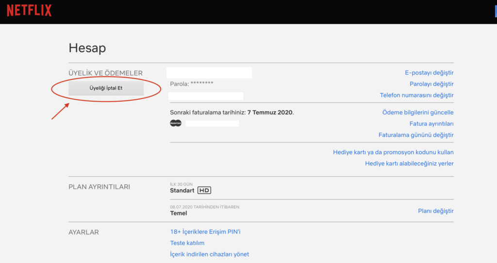 Hesap ayarlarında Netflix iptal etme seçeceği