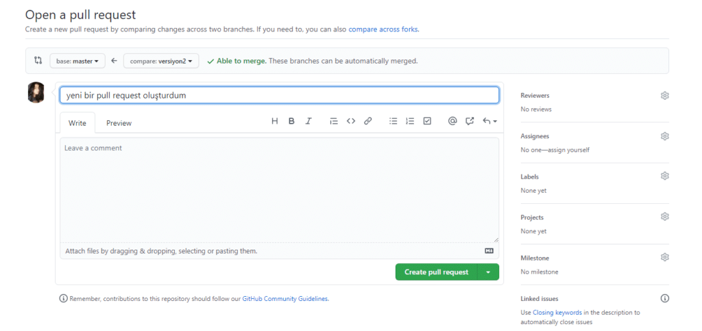 github pull request oluşturmak