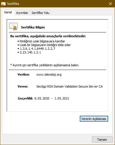 Teknoloji.org sitesinin sertifika görüntüsü