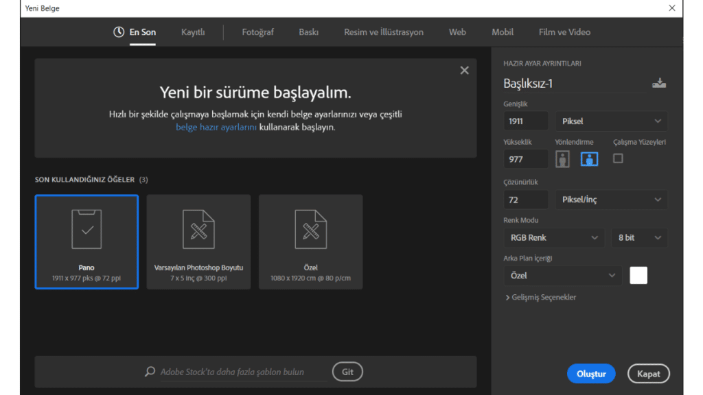 Photoshop çalışma sayfası oluşturma ekranı (Arka Plan Silme)