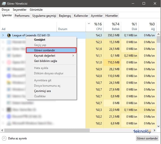 LOL görev yöneticisi sonlandırma 