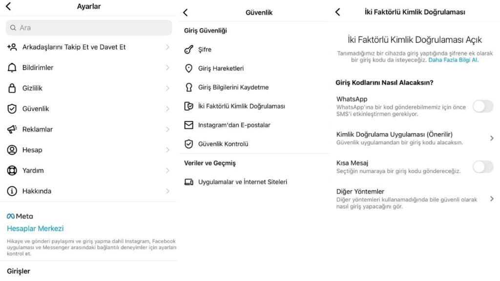 Instagram hesap güvenliği - İki Faktörlü Kimlik Doğrulama
