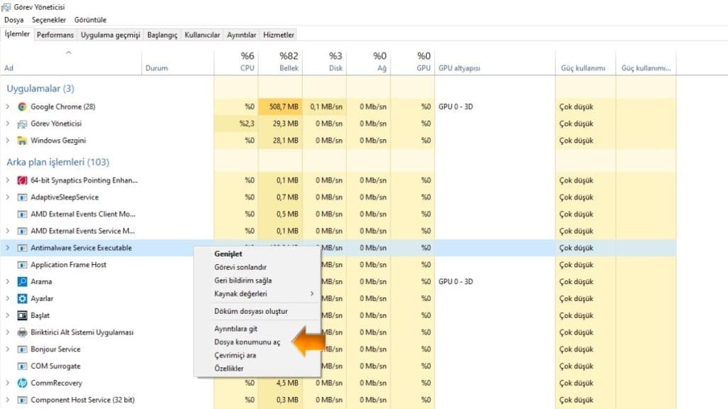Antimalware Service Executable Dosya Konumuna Girme