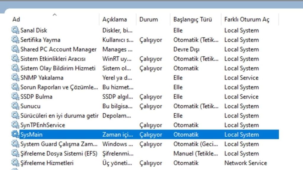 SysMain Hizmetini Bulma Hizmetler Üzerinden SysMain'i Devre Dışı Bırakmak - 2