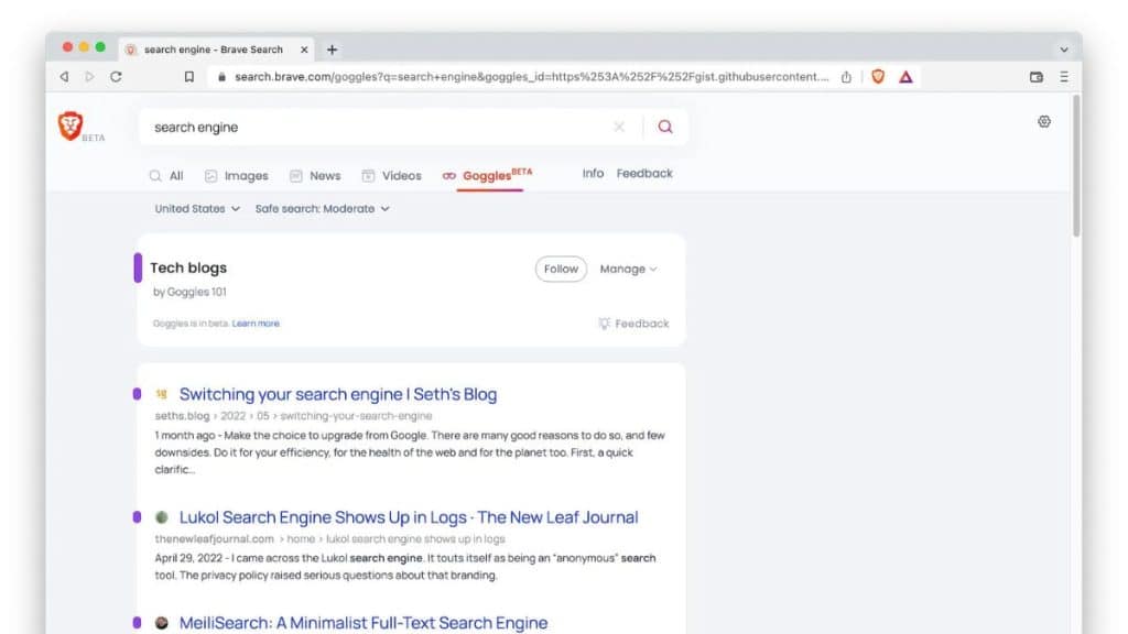 brave arama sonucu filtreleme