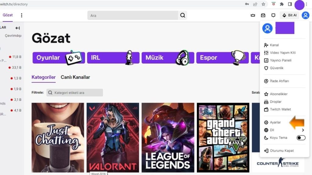 Twitch Ayarlar Bölümü
