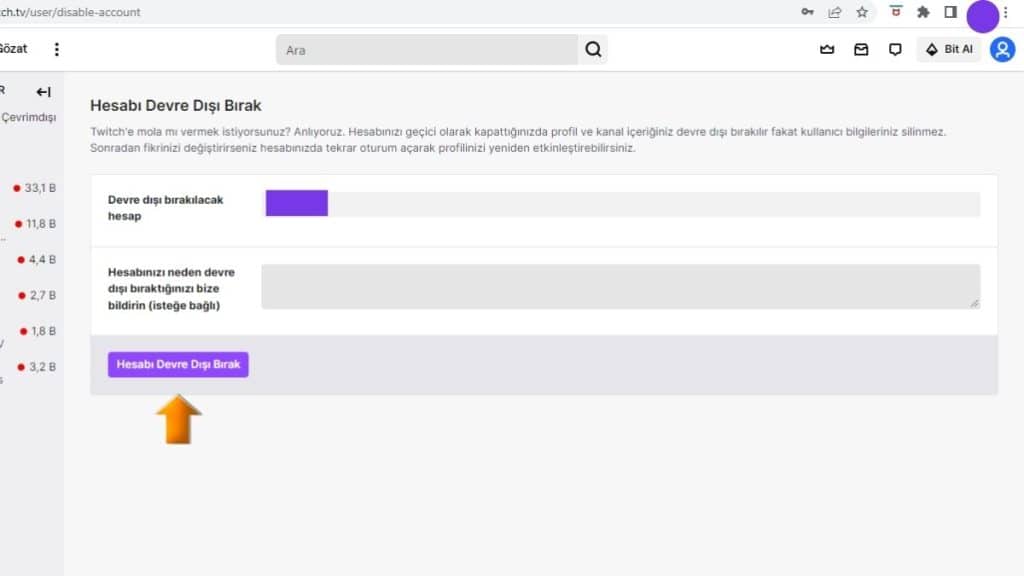 Twitch Hesabını Devre Dışı Bırakma İşlemimi Tamamlama