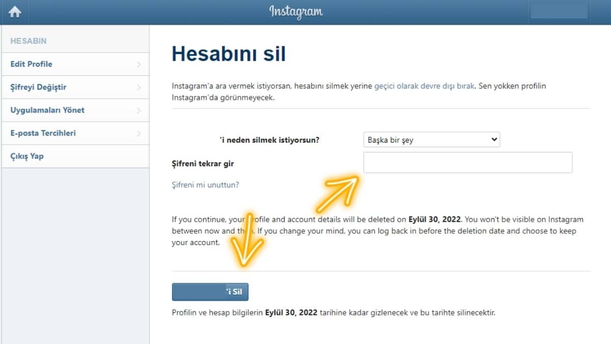 instagram hesabı kalıcı olarak silme