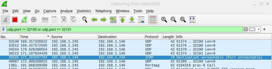 Wireshark showing a sort of response. ICMP Unreachable.