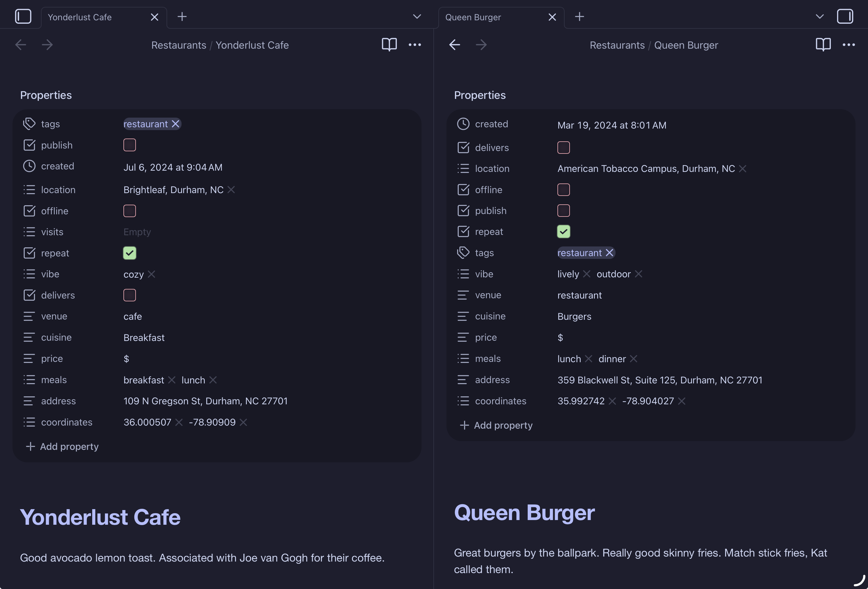 restaurant notes in obsidian vault