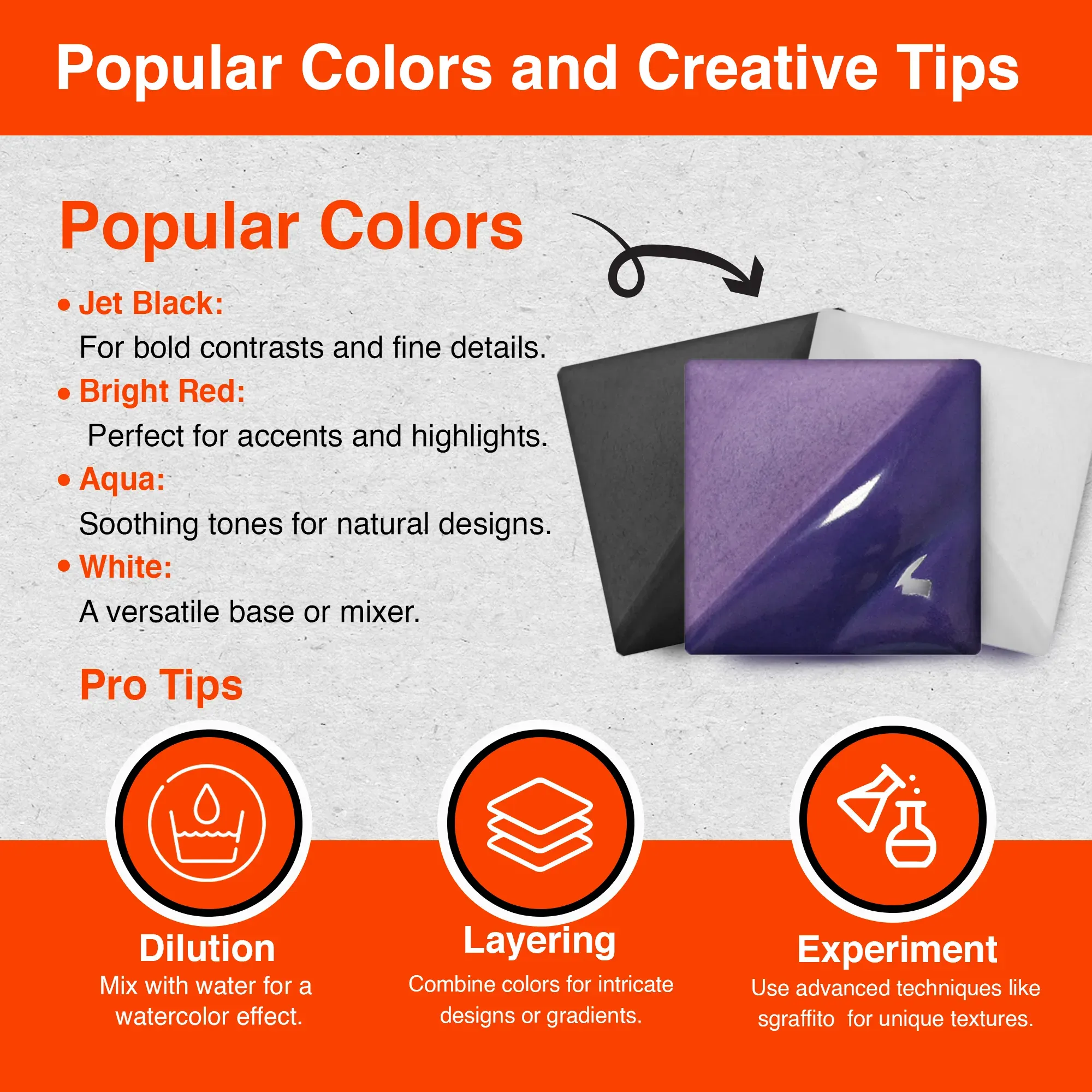 Close-up view of Amaco Velvet Underglaze bottles highlighting the label, color name, and lead-free marking