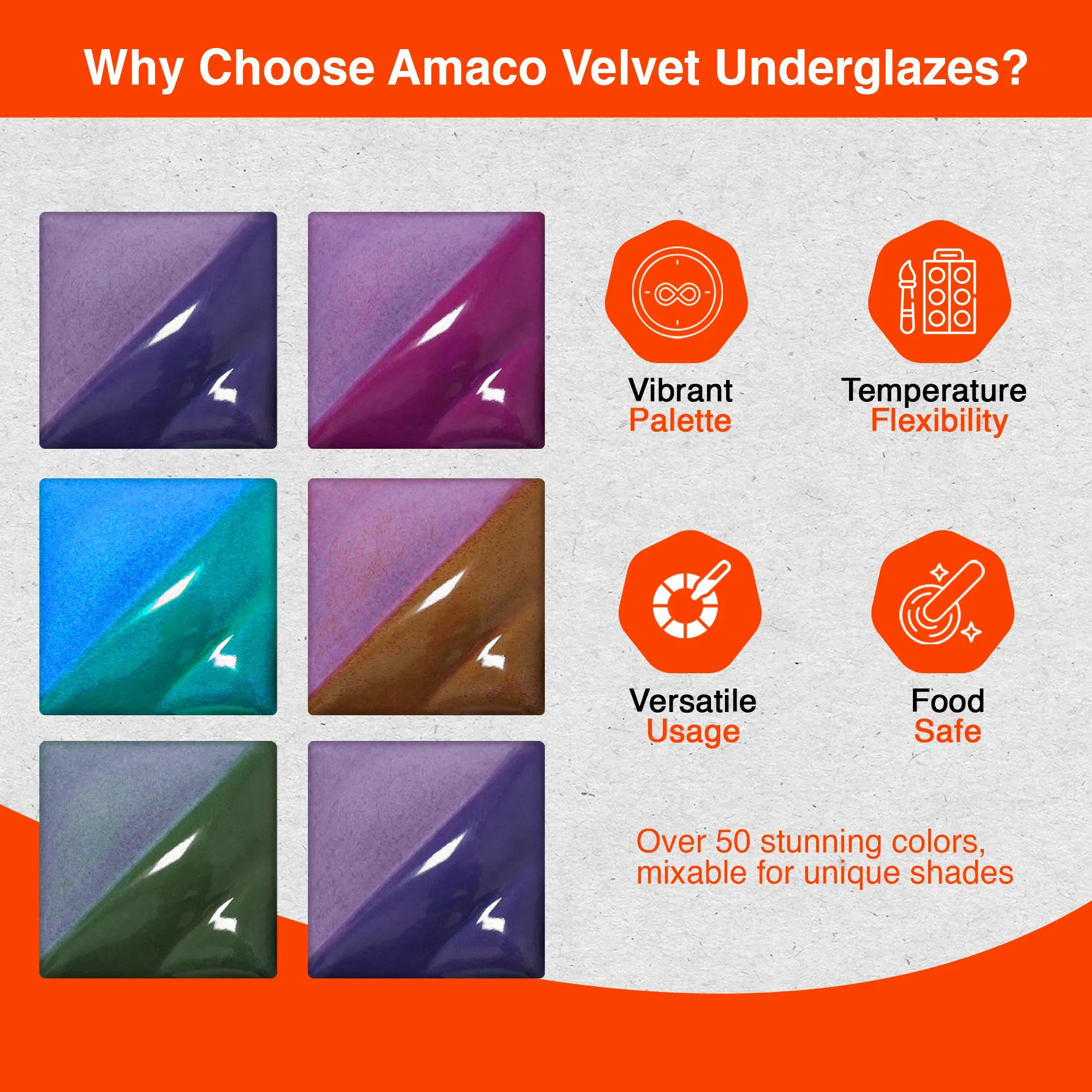 Ceramic test tiles showing different Amaco Velvet Underglaze colors before and after firing